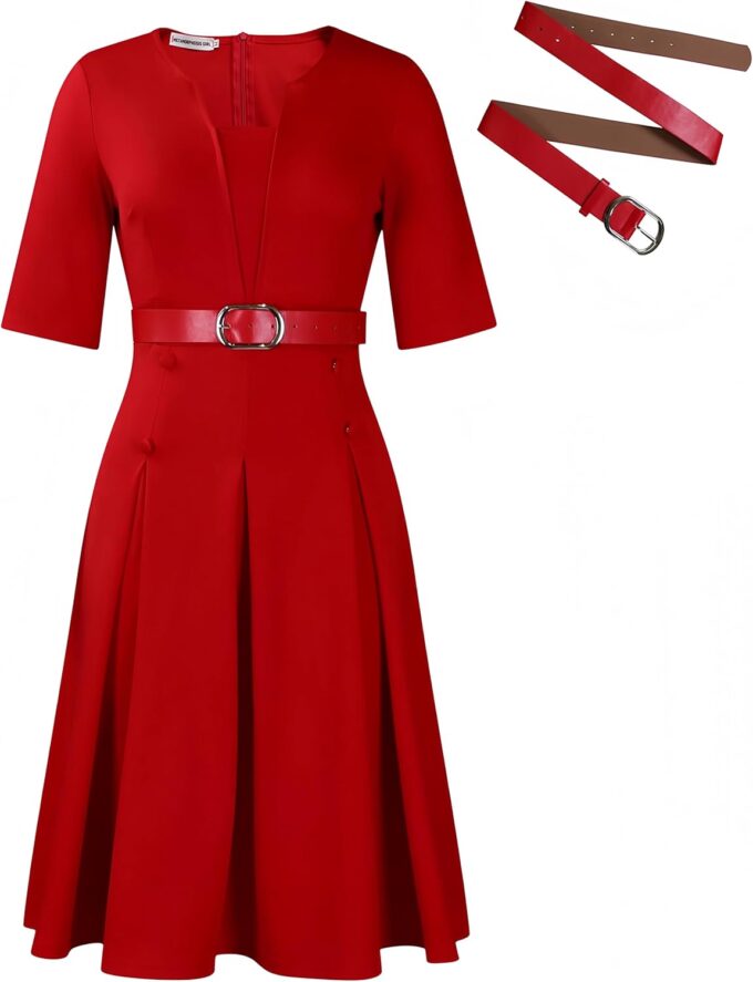 Church Dress for Women 3/4 Sleeve Skirt with Belted Midi Dresses Fit for Office Work and Cocktail Party Outfits – Bild 7