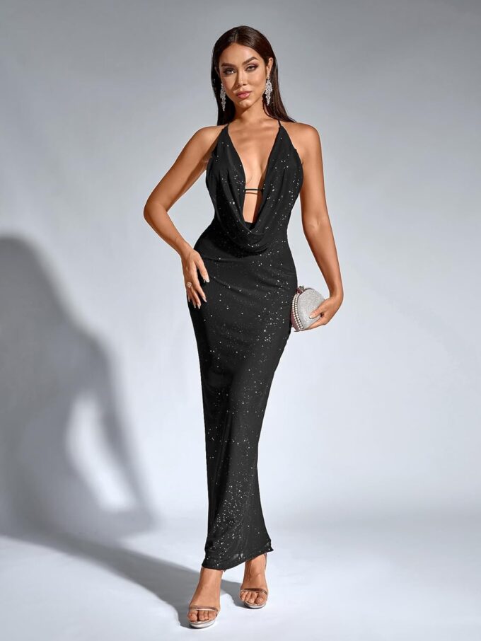 KUTUMAI Women Sexy Sequin Bodycon Maxi Dress V Neck Split Back Formal Evening Cocktail Party Long Dresses – Bild 4