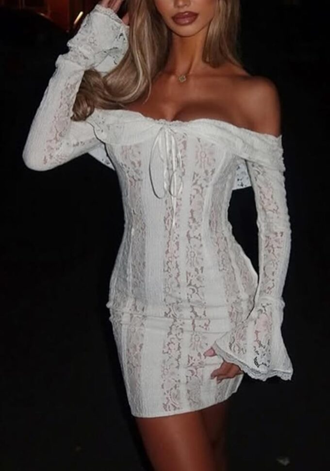 Women Elegant Off Shoulder Lace Bodycon Maxi Dress Bell Sleeve Mesh Sheer Mermaid Wedding Party Dress – Bild 6