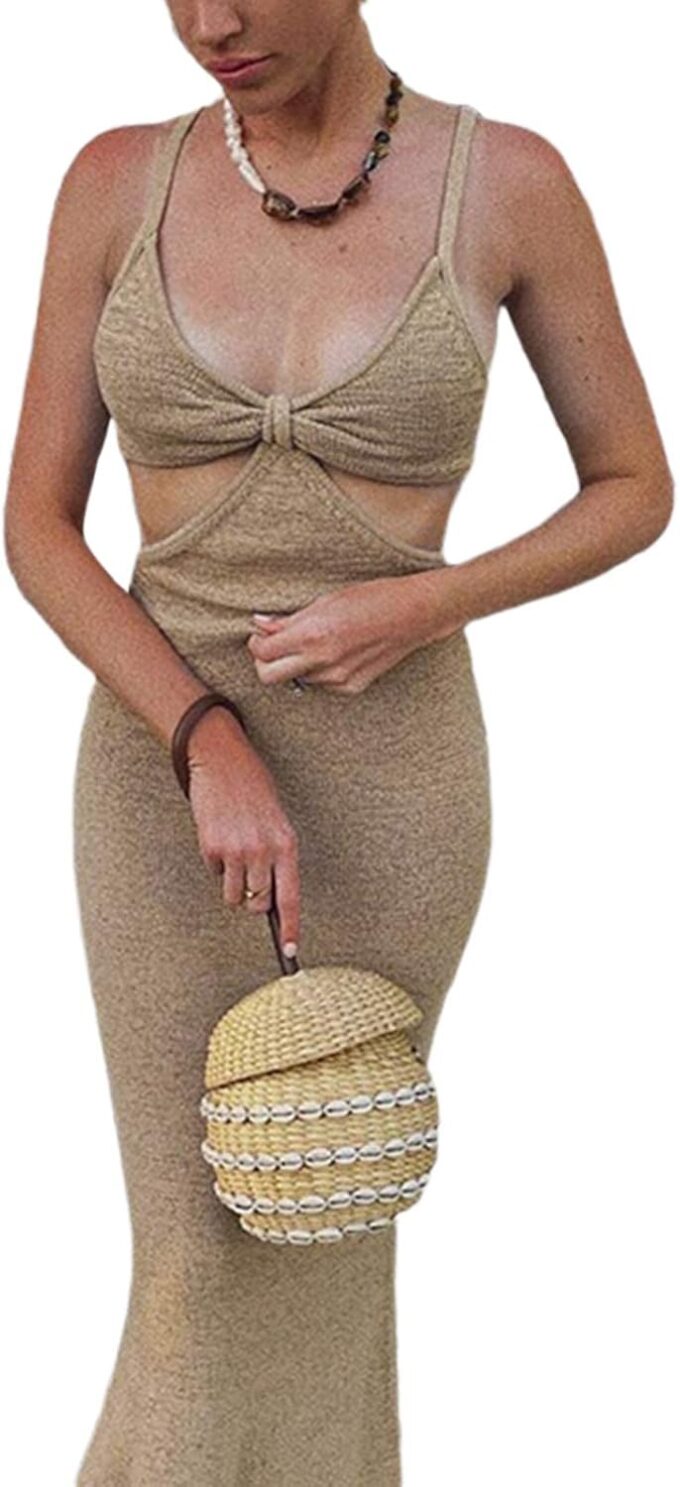 NUFIWI Womens Sexy Knitted Cut Out Spaghetti Strap Long Dresses Halter Neck Backless Maxi Dress Club Party Y2K Streetwear – Bild 2
