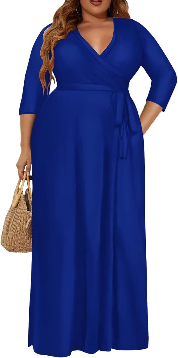 Plus Size Dress for Women - 3/4 Sleeve V-Neck Maxi Dress for Women with Belt and Pockets （2XL-6XL
