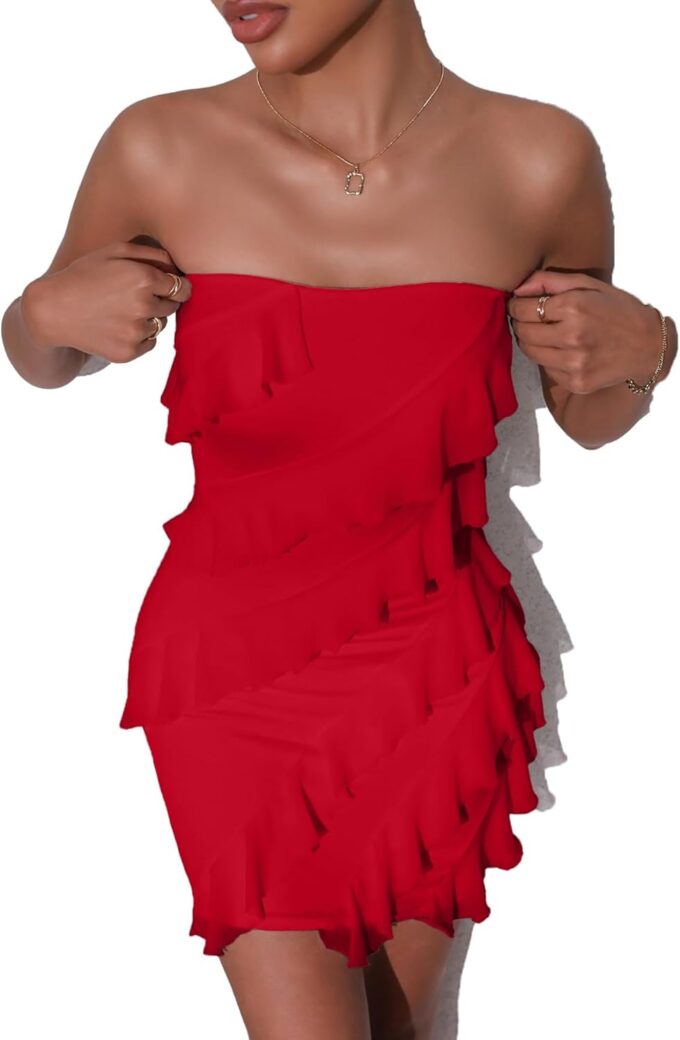 Sexy Cocktail Dresses for Women, Ladies' Sexy Strapless Tube Top Bodycon Sleeveless Ruffle Mini Party Dress