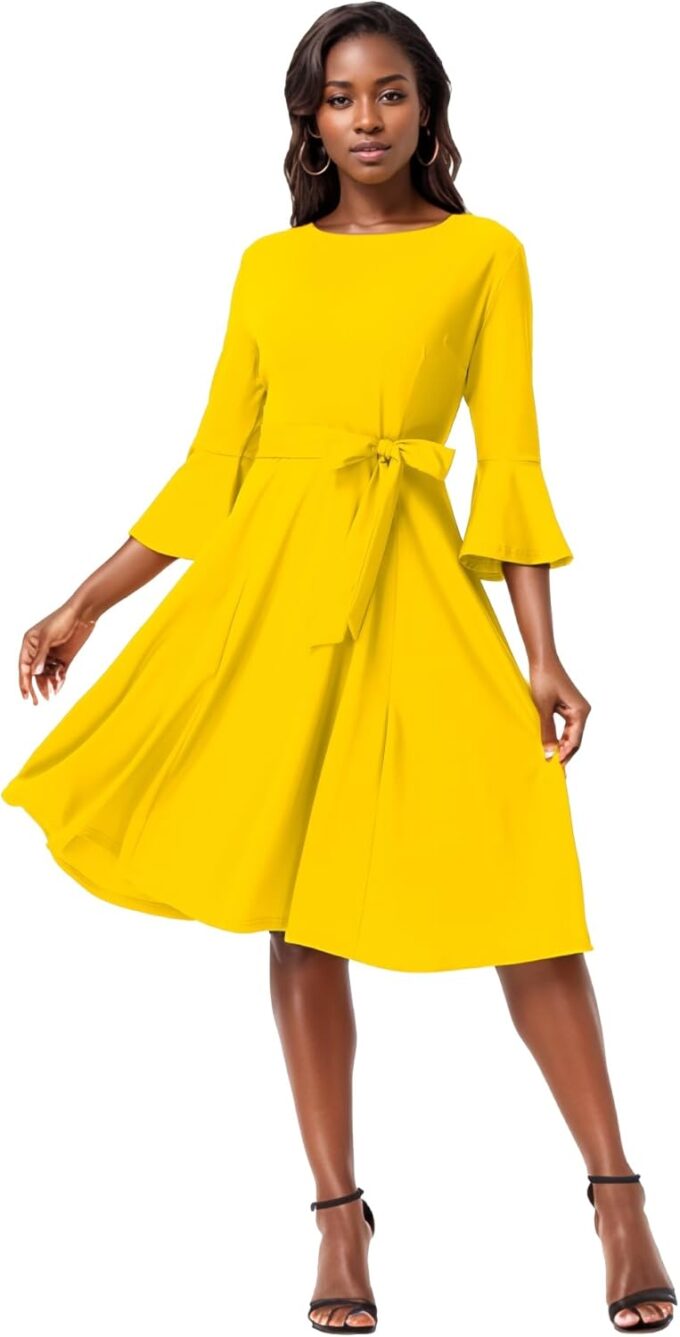 Elegant Cocktail Dresses for Women Wedding Guest Party Evening Prom Formal Church Dress Gowns Crew Neck Bell Sleeve