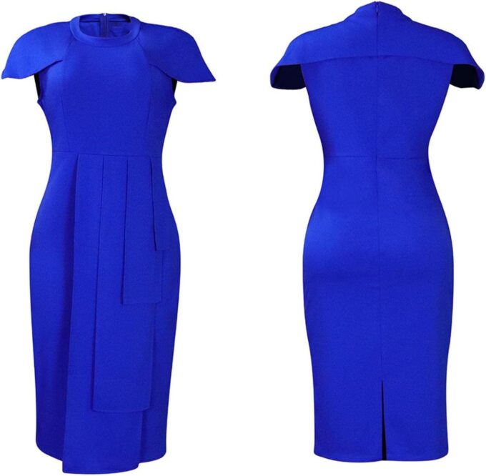 Damen Elegant Plissee Bodycon Kleid Rundhals Kurze Flügelärmel Formal Arbeit Midi Bleistiftkleid, Blau, Klein – Bild 3