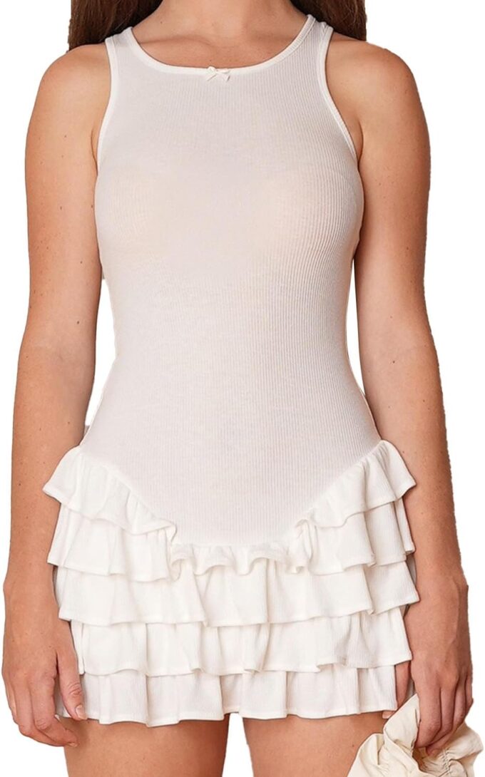 Women's Summer Frill Rank Dress Sleeveless Bodycon Tiered Ruched Dress Skim Hem Dress