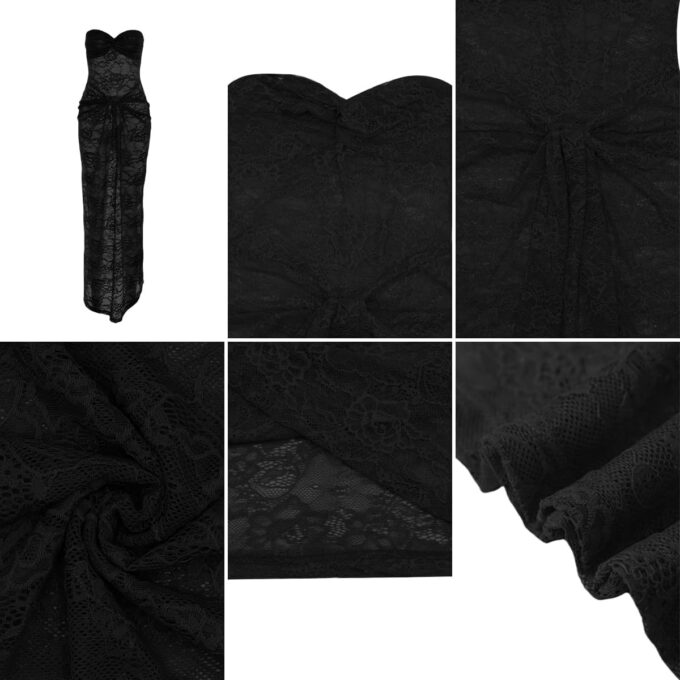 ANKOMINA Women's Sexy Off Shoulder Floral Lace Maxi Dress Strapless Ruched Mesh See Through Bodycon Dresses for Party Evening – Bild 4