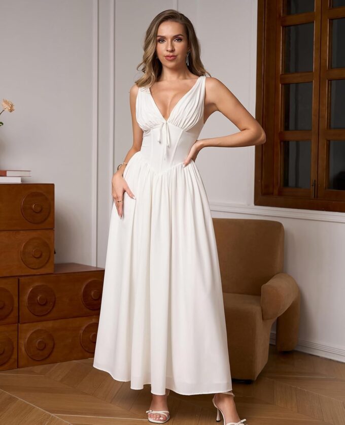 GLNEGE Women's Summer Corset Midi Milkmaid Dress Casual V Neck Flowy A Line Sundress Wedding Guest Dresses with Pockets 2025 – Bild 2