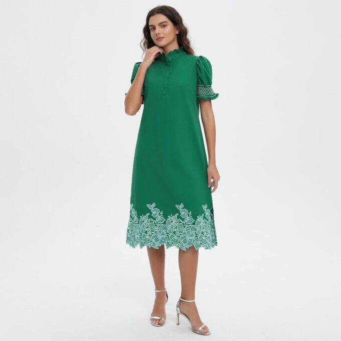 Womens Casual Shirt Dress Button Down Short Sleeve Midi Dress Flower Embroidery Slit Spring Summer Fall Fashion Dresses – Bild 3