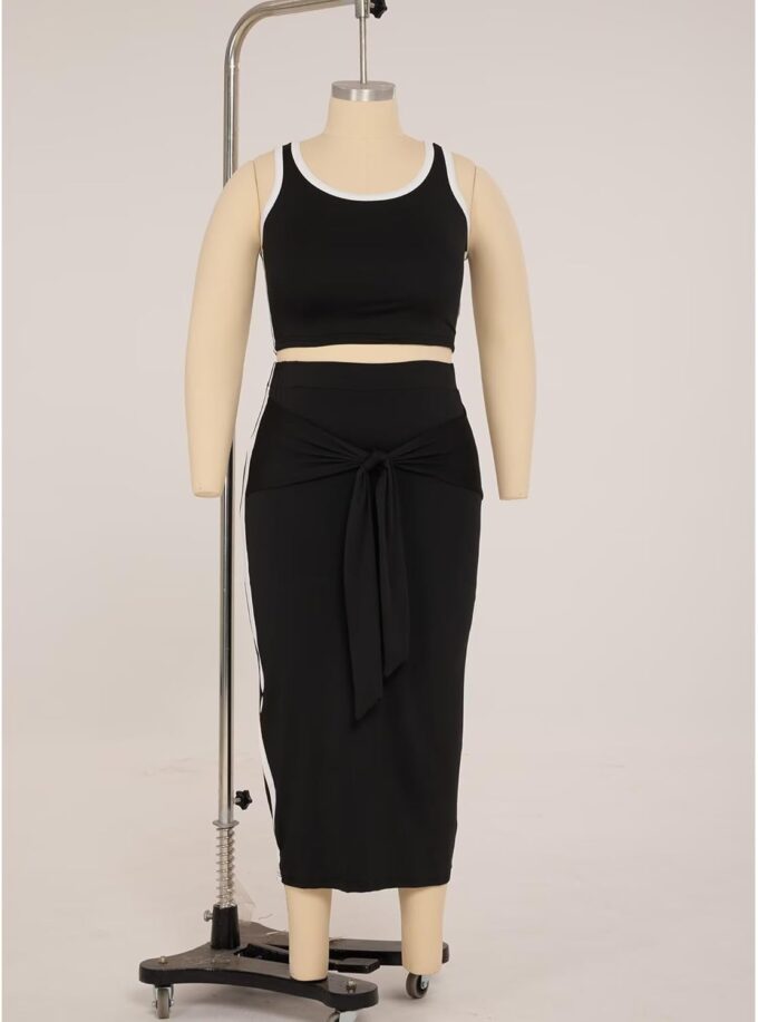 IyMoo Sexy Plus Size Dress 2 Piece Outfits Sexy Contrast Sleeveless Tank Crop Tops Bodycon Skirts Sets – Bild 4