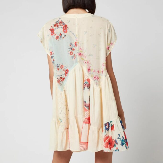 Women Bohemian Floral Mini Dress Y2K Babydoll V Neck Short Dress Loose Fit Patchwork Dress Beach – Bild 6