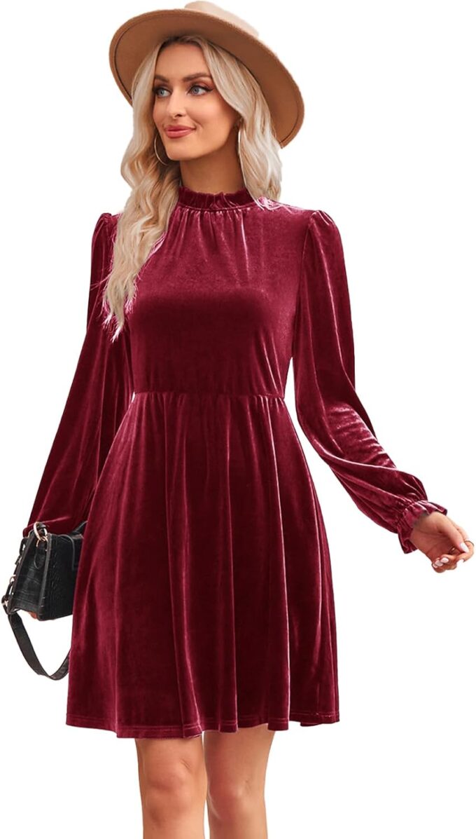 Jayscreate Women's 2023 Velvet Dress Elastic Waistline Fall Long Sleeve Wedding Guest Short Wrap Tunic Formal Dress – Bild 3