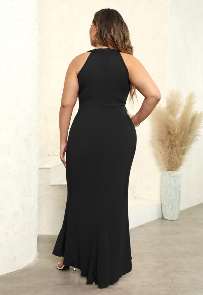 Keluummi Plus Size Formal Wedding Guest Long Dresses for Curvy Women, Halter Neck Empire Waist Mermaid Maxi Cocktail Dress – Bild 4