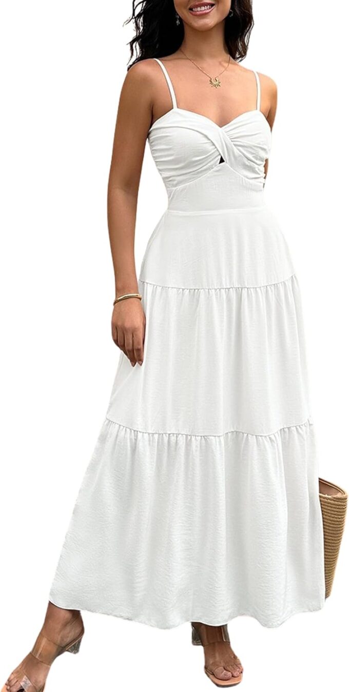 ECOWISH Women's Summer Strapless Maxi Dress 2025 Off Shoulder Hollow Out Smocked A Line Tube Tiered Long Dresses