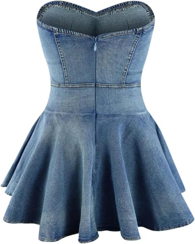 Famnbro Womens Denim Dress Strapless Off Shoulder Sexy Backless Tube Mini Jean Corset Dresses Clubwear – Bild 4