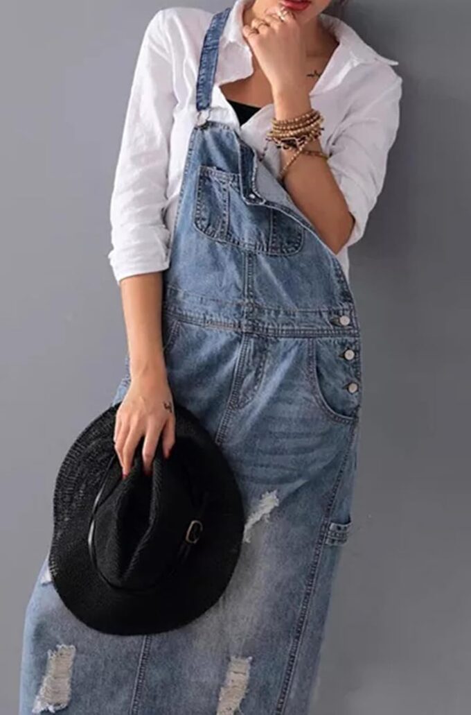 loveimgs Women Distressed Denim Overall Dress Bib Long Jean Jumper Ripped Adjustable Straps Patchwork Pinafore Dress – Bild 2