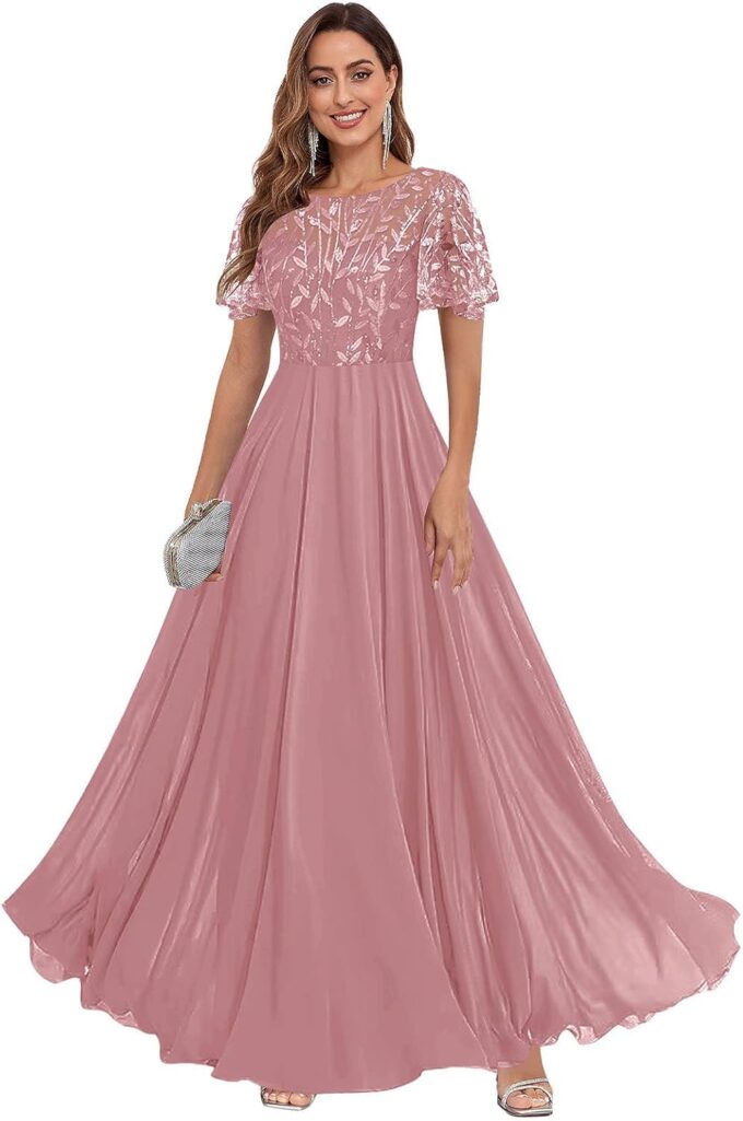 Women's Sequin Lace Mother of The Bride Dresses for Wedding Short Sleeve Formal Evening Gowns with Pockets – Bild 4