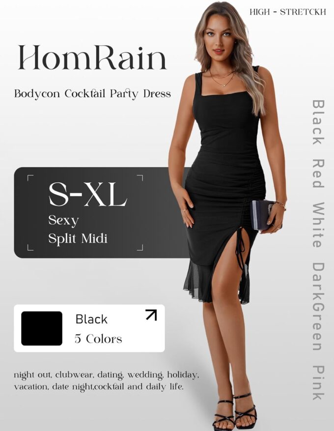 HomRain Women's Sexy Ruched Bodycon Midi Dresses Square Neck Sleeveless Ruffle Hem Cocktail Party Dresses – Bild 7