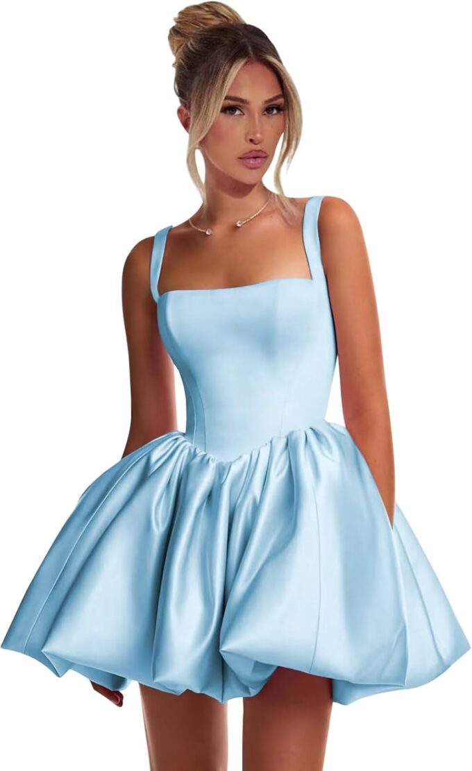 Short Satin Homecoming Dresses for Teens 2025 Square Neck Puffy HOCO Prom Dress
