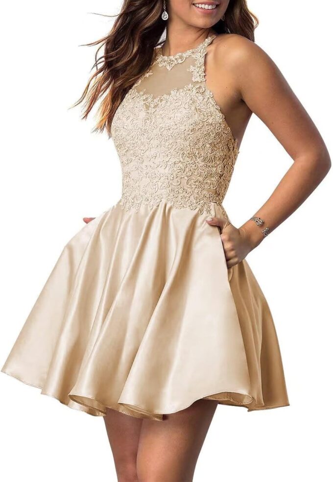 Tvuyet Lace-Applique Short Homecoming Dresses for Women with Pockets Satin Beaded Prom Cocktail Dress for Teens
