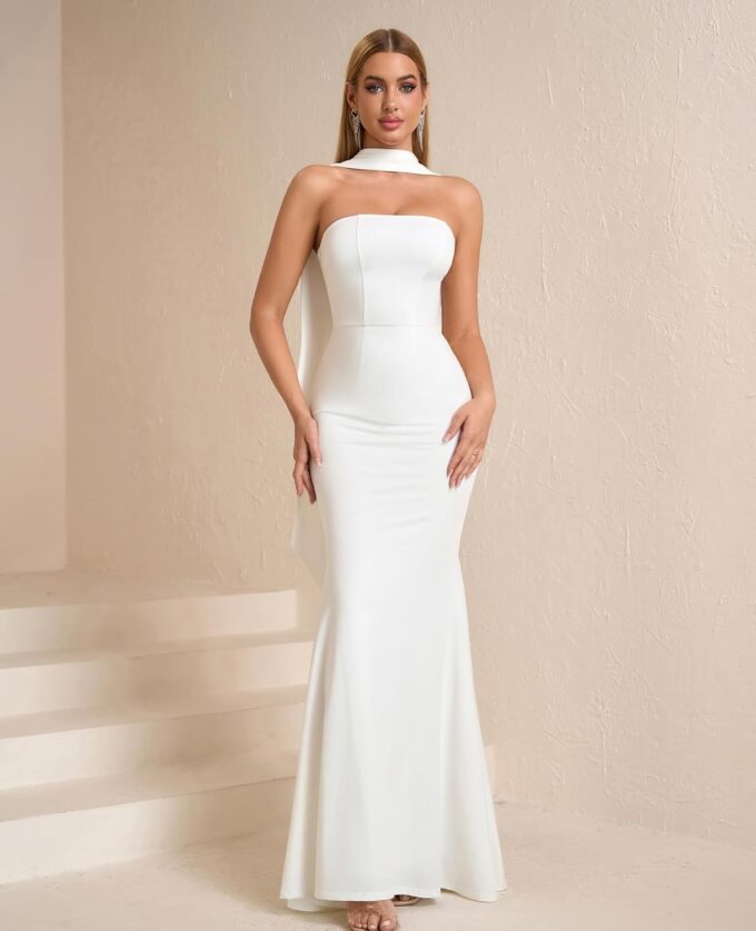 2025 Women's Bodycon Formal Maxi Dresses Elegant Tube Summer Wedding Guest Cocktail Party Dress with Scarf – Bild 3