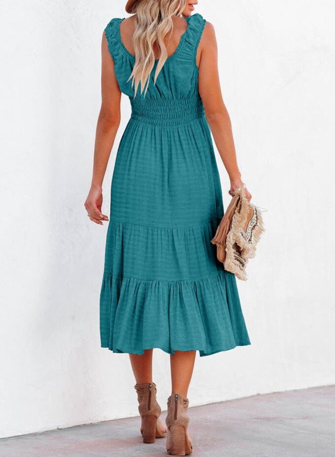 AlvaQ Women Summer Dresses Sleeveless Smocked Midi Dress High Waist Casual Tiered A Line Sundress with Pockets – Bild 4