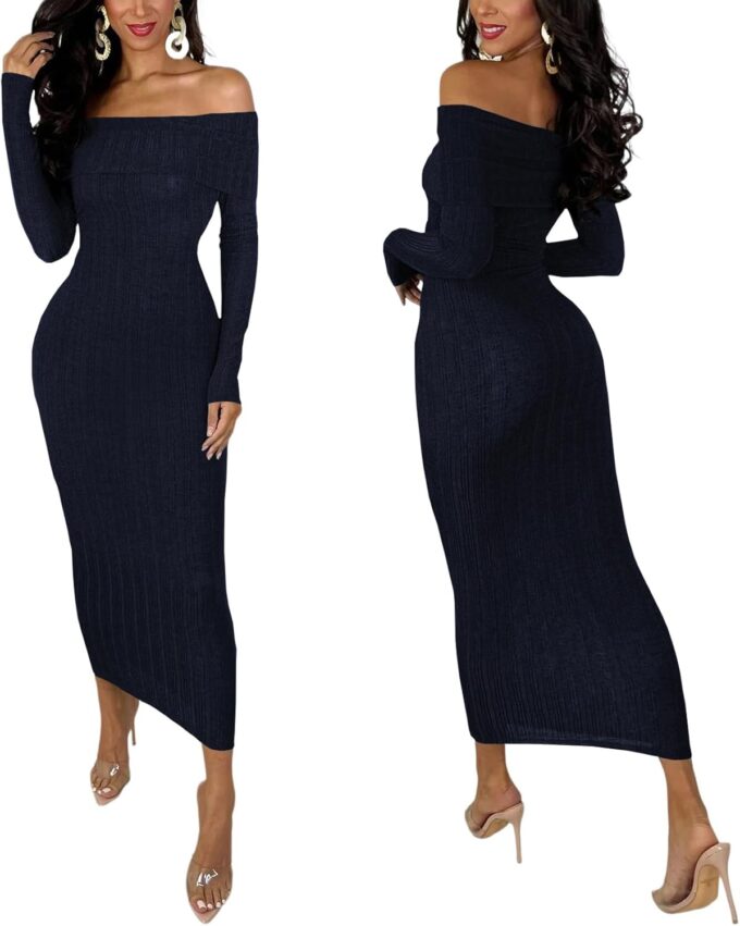 HugeNice Women's Sexy Off Shoulder Midi Dress Long Sleeve Bodycon Ruched Cocktail Party Dresses – Bild 3