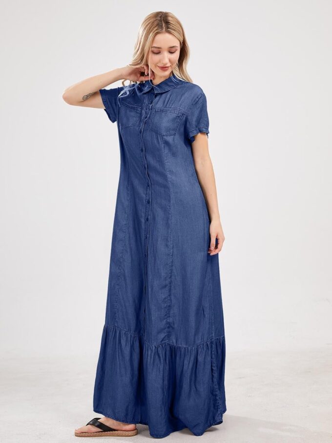 utcoco Womens Short Sleeve Denim Maxi Dress Casual Loose Fit Button Down Long Jean Dresses – Bild 4