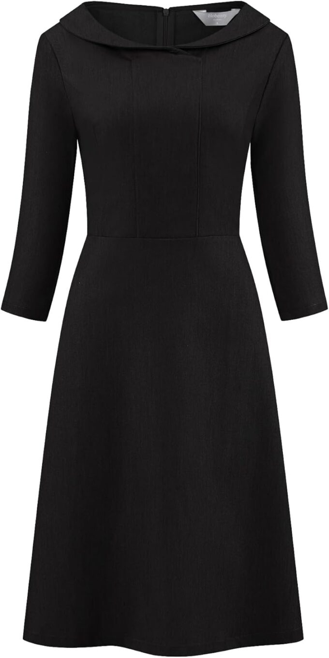 Hobemty Damenkleid mit Peter-Pan-Kragen, 3/4-Ärmel, A-Linie, elegantes Arbeitskleid