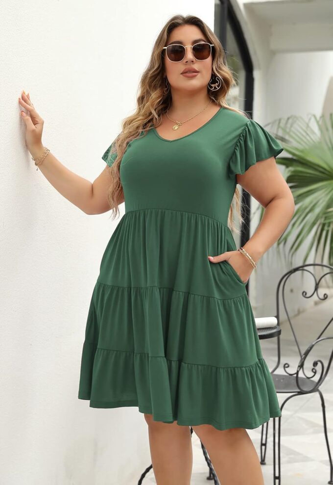Celkuser Plus Size Casual Summer Dresses Curvy Womens Elastic Waist Tiered A Line Ruffle Hem Dress with Pockets – Bild 4