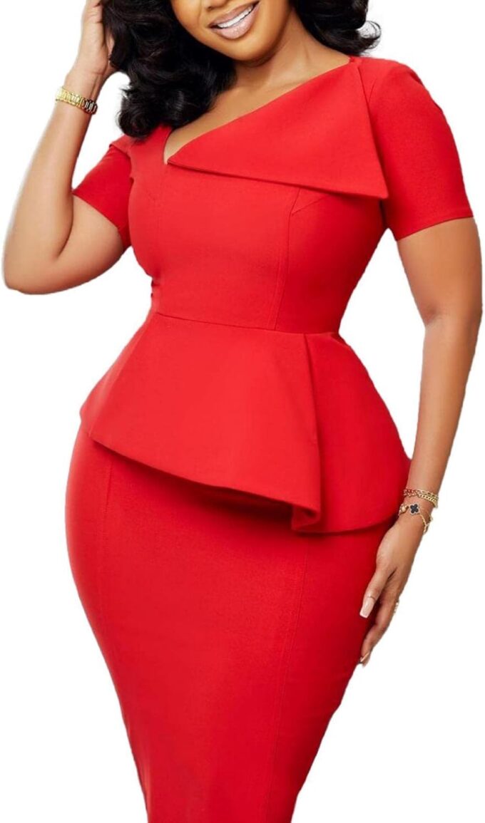 Damen Elegant Schößchen Bodycon Kleid Diagonaler Kragen Kurzarm Büro Arbeit Midi Bleistiftkleid