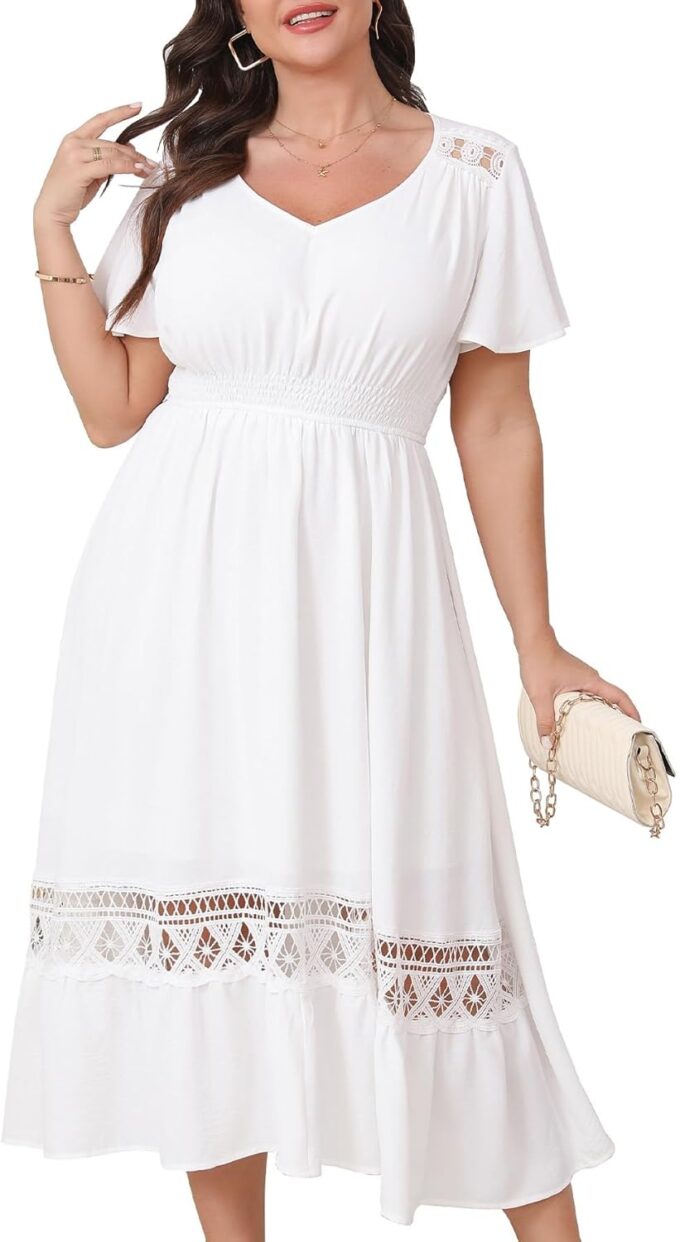 Plus Size Summer Dress V Neck Smocked High Waist Flowy A-Line Lace Trim Boho Wedding Guest Dress