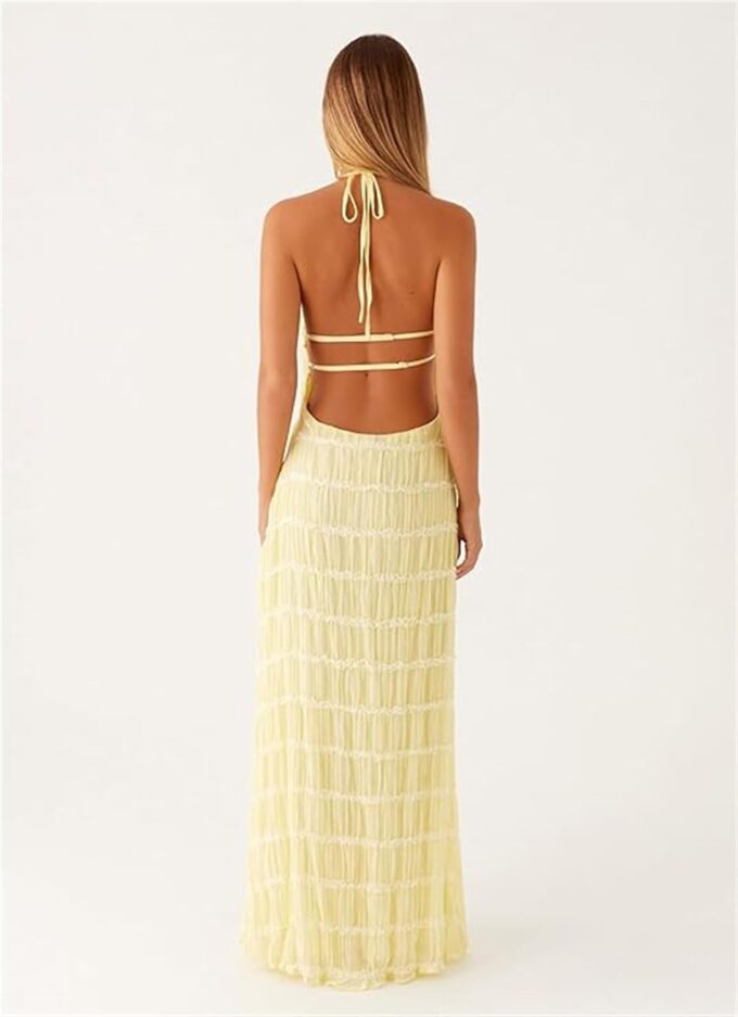 Women Halter Ruched Maxi Dress Backless Sleeveless Long Dress Bodycon See Througn Pleated Sundress Beachwear – Bild 4
