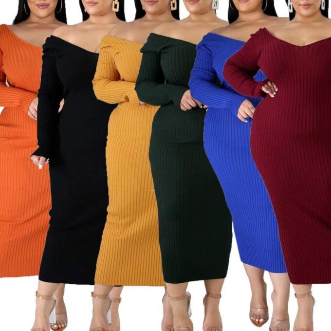 Women's Plus Size Sexy Stretchable Long Sleeve Maxi Sweater Off Shoulder Knit Slim Fit Dress – Bild 5