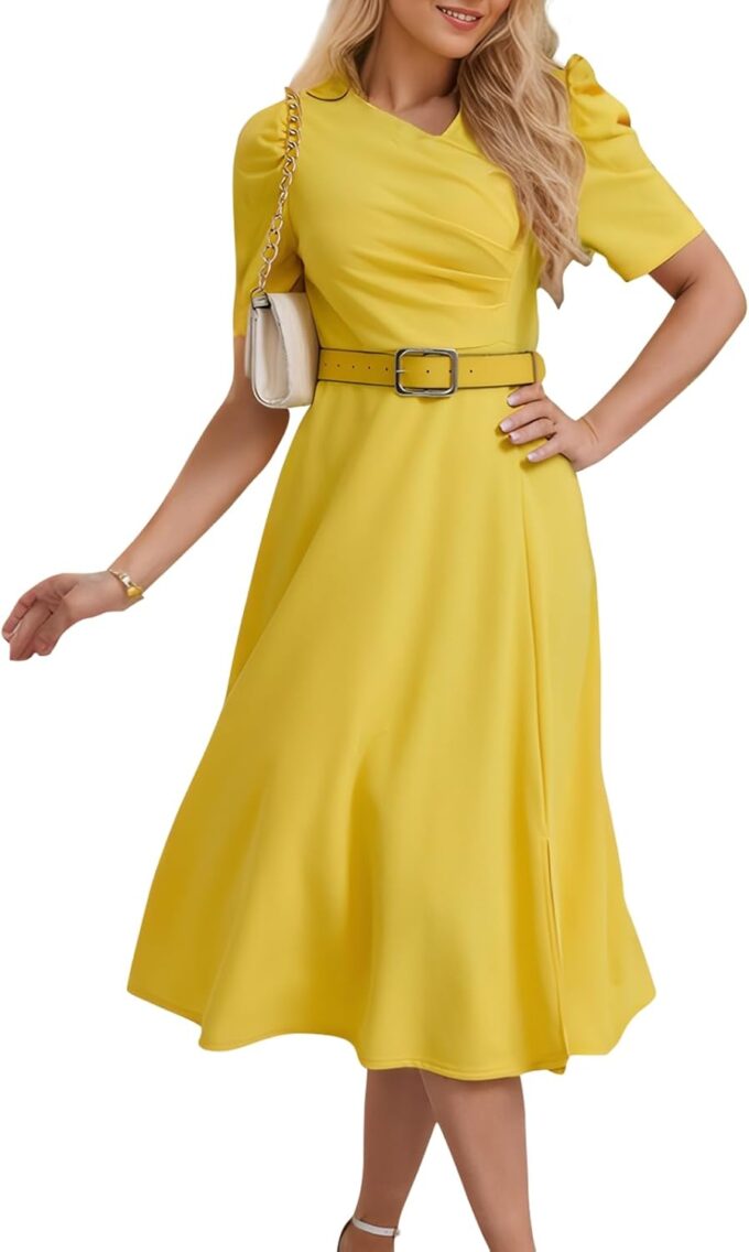Women's Wear to Work Dress V Neck A-Line Slit Ruched Puff Short Sleeve Semi Formal Casual Dresses