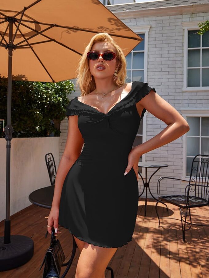 XXTAXN Women's Sexy Ruffle Sleeve V Neck Wrap Cocktail Bodycon Mini Dress – Bild 8