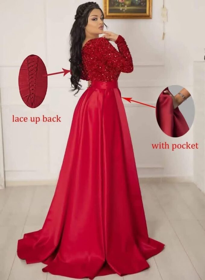 Women's Sequin Prom Dress with Pockets Long Sleeve Satin Formal Evening Dress with Slit PD2 – Bild 4