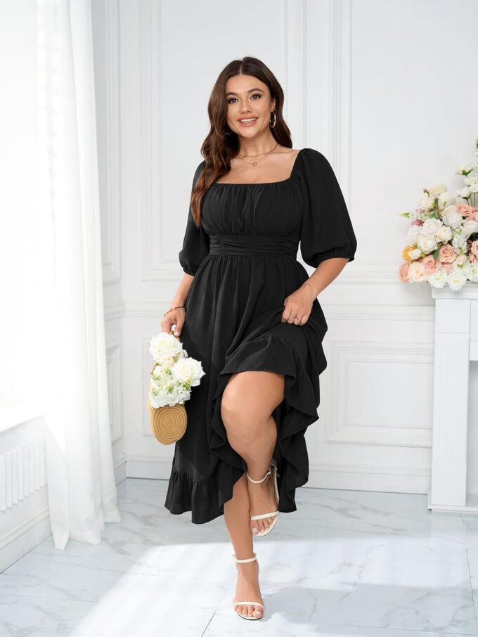 Women's Plus Size Maxi Dress Summer Half Lantern Sleeve Square Neck Smocked Flowy A-Line Elegant Wedding Guest Dresses – Bild 5