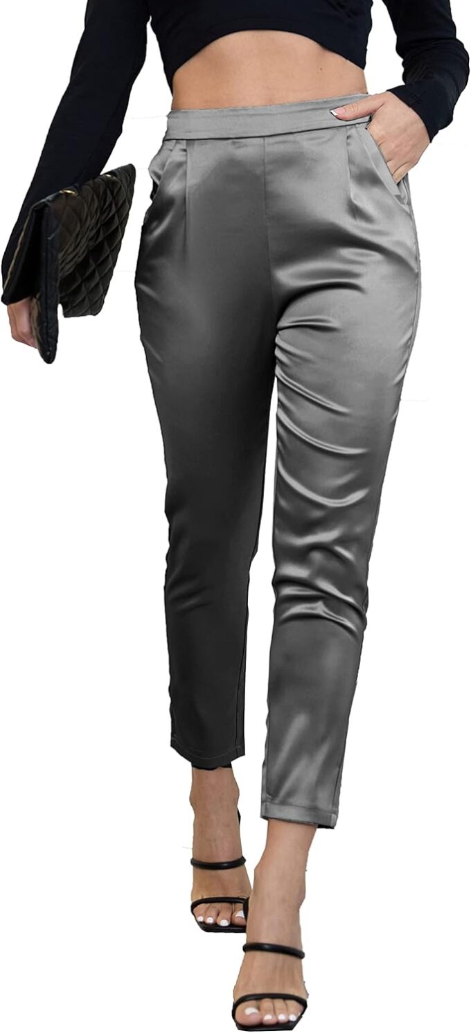 heipeiwa Women's Satin Pants Dress Casual Pleated Pull on High Waist Pants Baggy Front Tapered Trouser