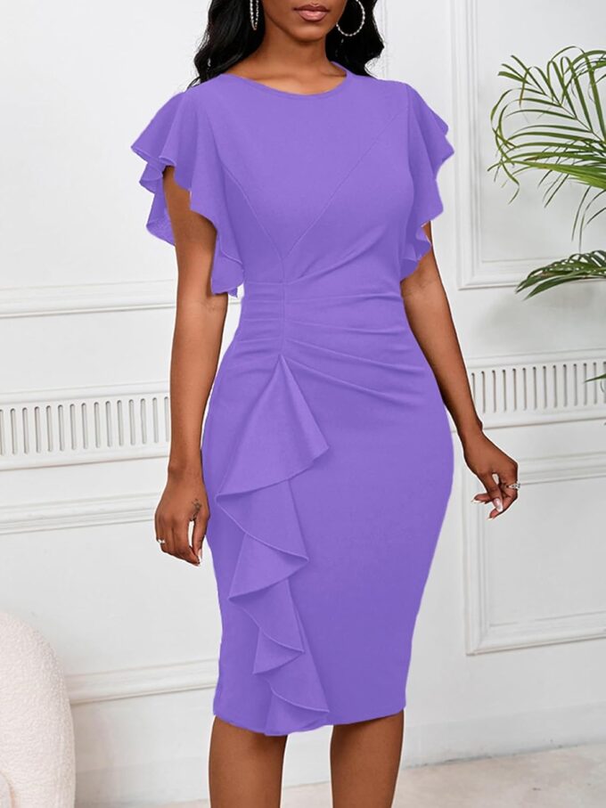Womens Short Ruffle Sleeve Church Dress 50S Vintage Crew Neck Bodycon Work Pencil Midi Dress – Bild 3