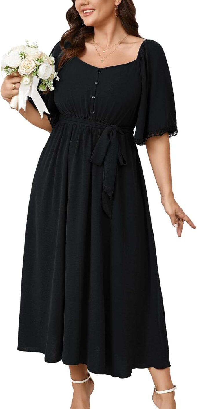 SCOMCHIC Women's Plus Size Formal Maxi Dress Summer Sweetheart Neckline 3/4 Sleeve A Line Flowy Wedding Guest Cocktail Dress