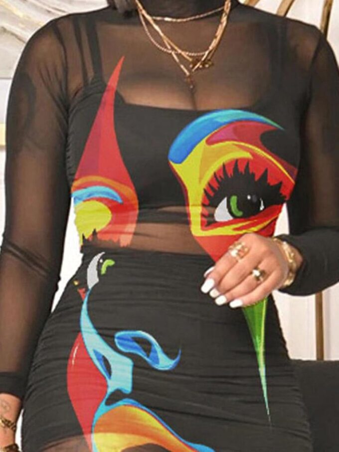 Women Sexy 3 Piece Outfits Set See Through Print Long Sleeve Midi Dress Sheer Mesh Crop Tank Tops Bodycon Skirt – Bild 3