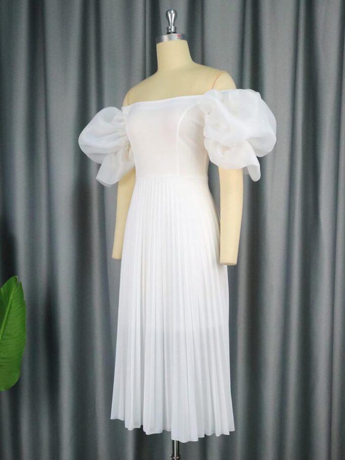ONTINVA Women's Boat Neck Puff Short Lantern Sleeves High Waist White Dress Pleated Cocktail Party Dresses Gown – Bild 3