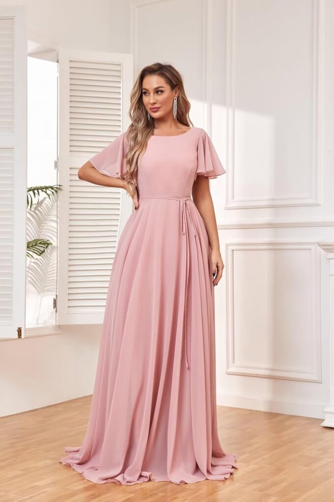 GOEBAODEEN Chiffon Modest Bridesmaid Dresses A Line Bateau Neck Flutter Sleeve Formal Evening Gown with Pockets – Bild 5