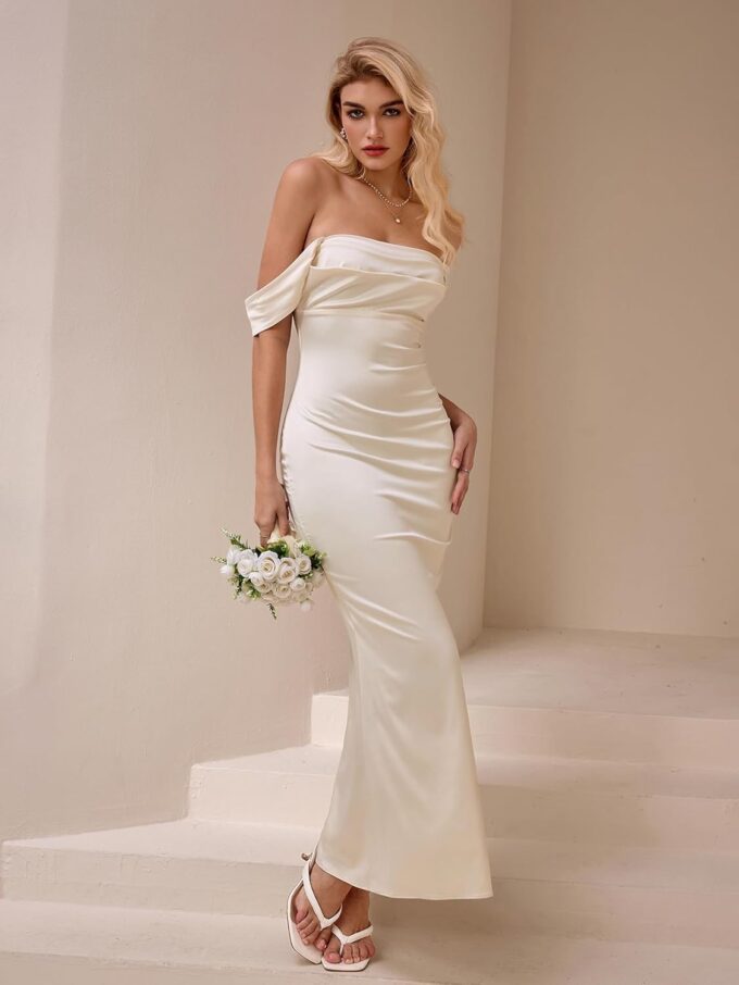 KUTUMAI Women Off Shoulder Satin Maxi Dress Elegant Ruched Bodycon Long Cocktail Formal Wedding Guest Dresses – Bild 4