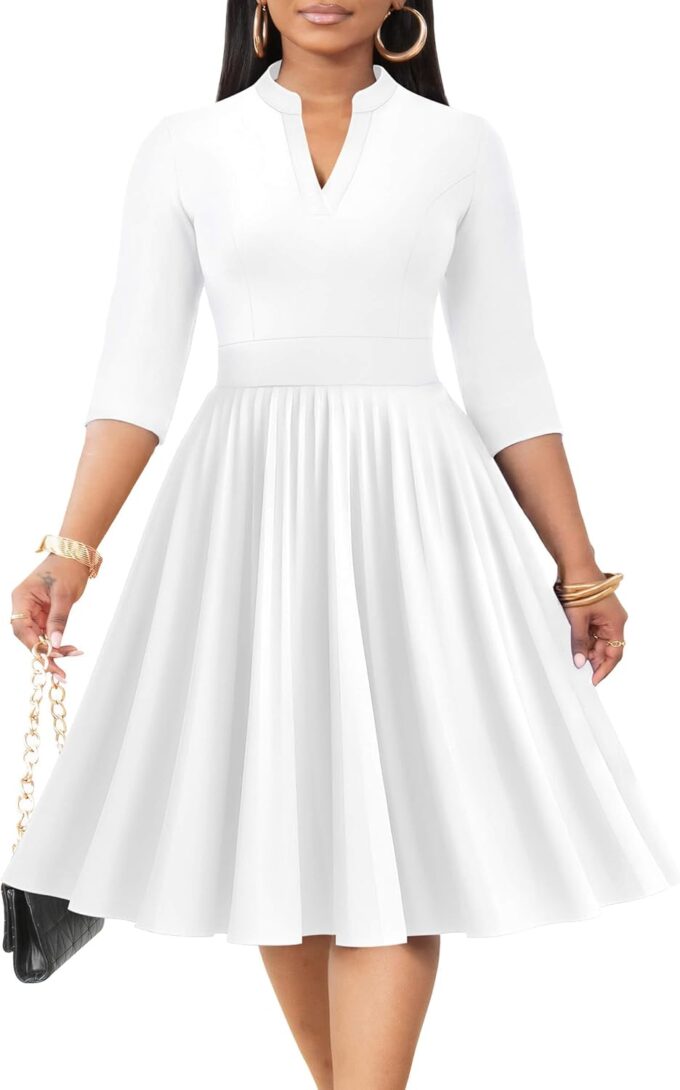 Nmoder Midi Dresses for Women Semi Formal Cocktail Pleated A-Line Casual V Neck 3/4 Sleeve Church Elegant Dress