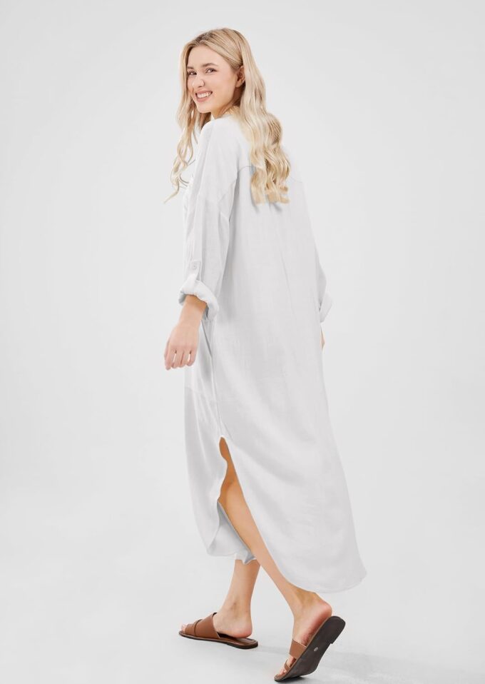 utcoco Womens Casual Loose Cotton Linen Long Shirt Dress Lapel Button Cuffed Sleeve Side Split Dresses with Pockets – Bild 6