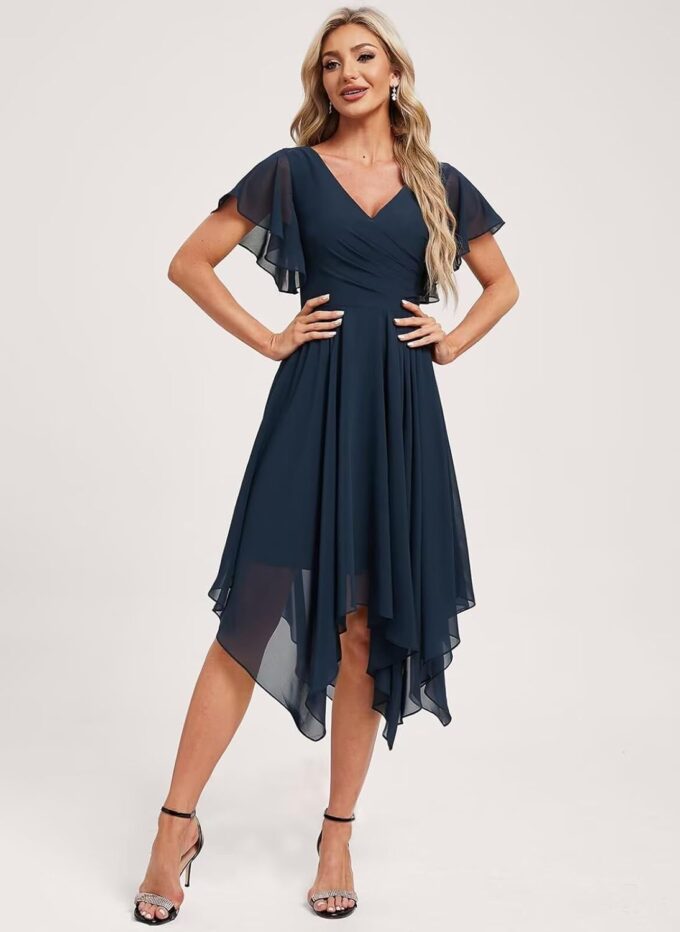 Asymmetrical V Neck Ruched Chiffon Bridesmaid Dresses Short for Women Flutter Sleeve Formal Party Gowns with Pockets – Bild 3