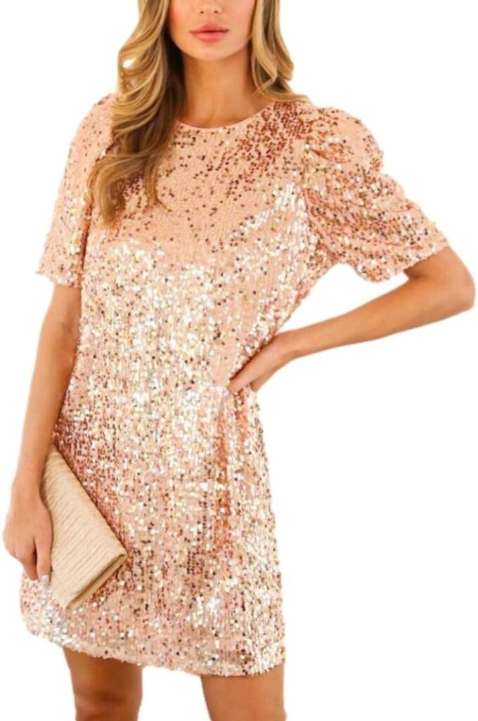 Women Puff Short Sleeve Sparkle Shift Dress Crewneck Sequin Shimmer Cocktail Party Dress