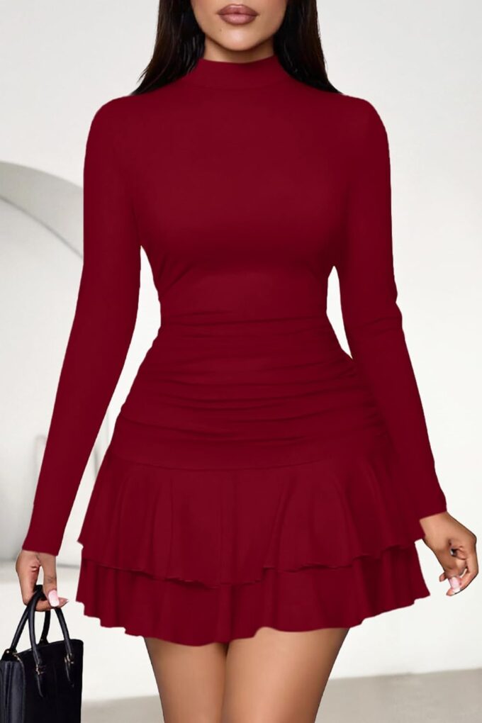 PRETTYGARDEN Women's Fall Long Sleeve Dresses 2025 Mock Neck Ruched Y2K Clothes Ruffle Layered Bodycon Mini Party Dress – Bild 5