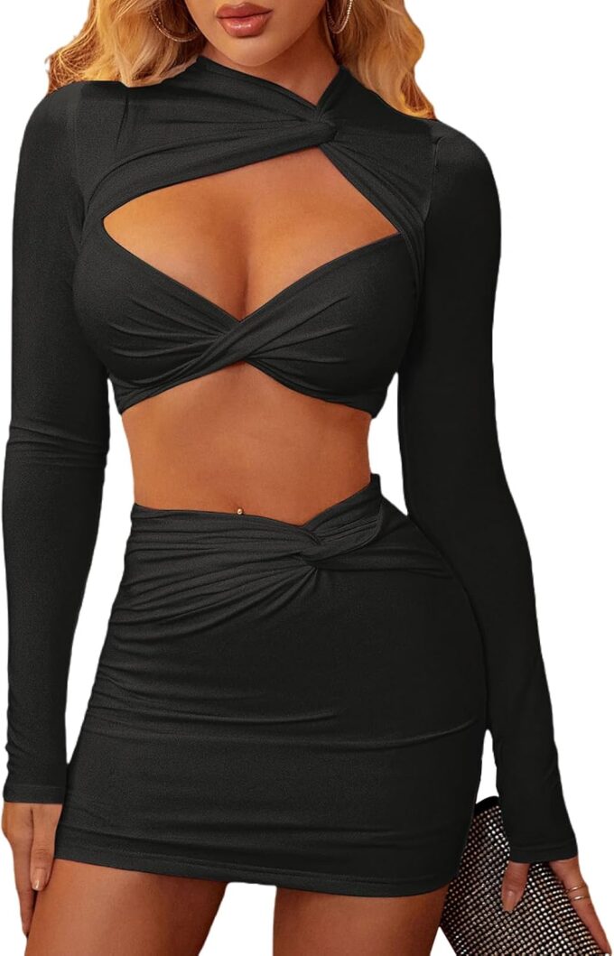 XinFSh Women’s 2 Pieces Skirt Long Sleeve Crop Top Cut Out Twist Front Outfits Bodycon Dress for Party Club Nightout